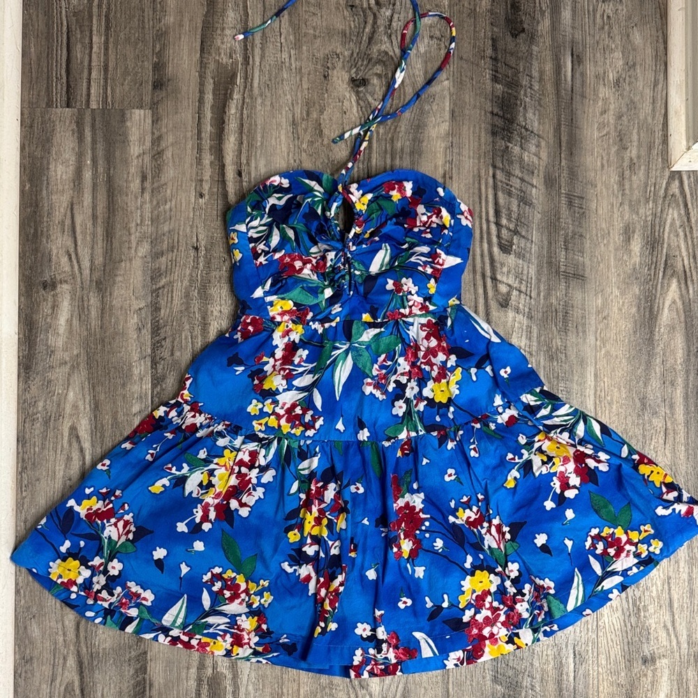 Anthropologie Emily Halter Tiered Mini Dress Blue Floral XS Summer Resortwear - Picture 2 of 7